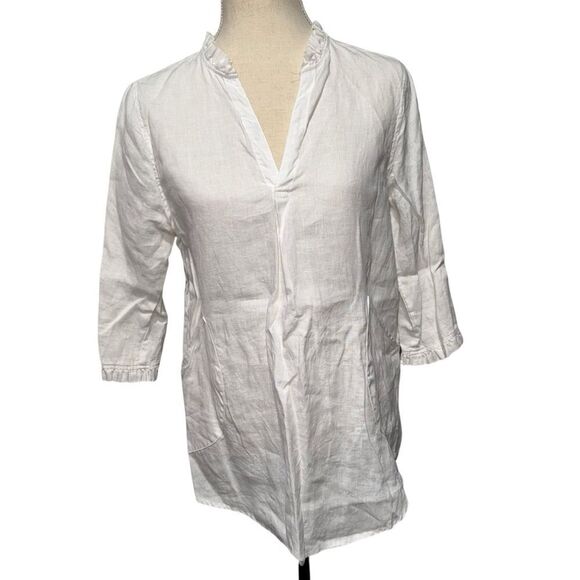 Cynthia Rowley Crisp Solid White Blouse 3/4 Quarter Sleeve 100% Linen V Neck M - Picture 2 of 10